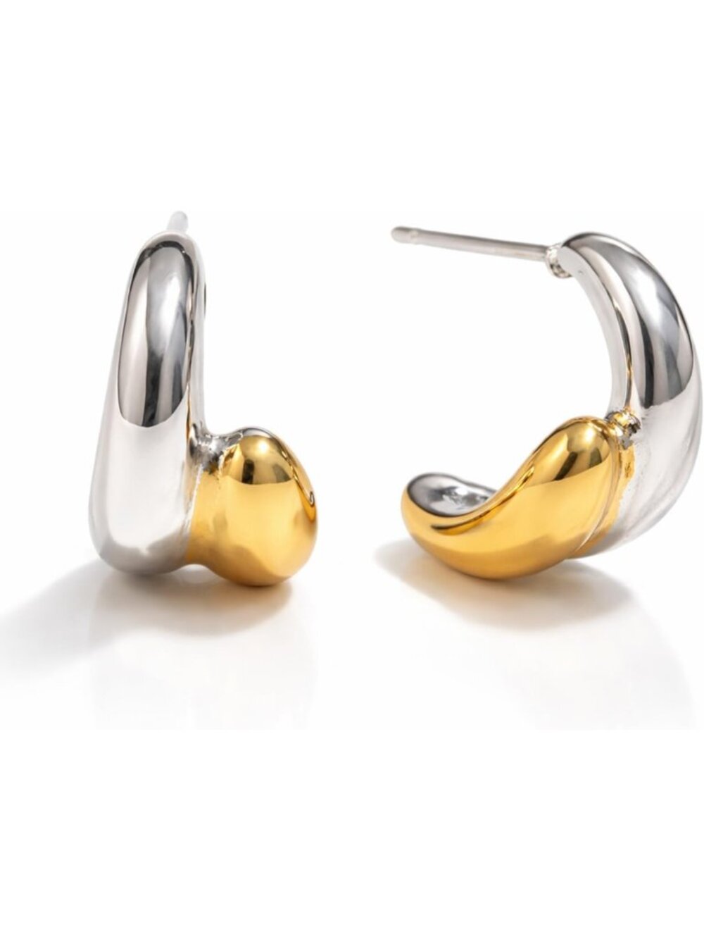 Two Tone Huggie Earrings for Women - 18K Gold Plated, Everyday Stacked Style